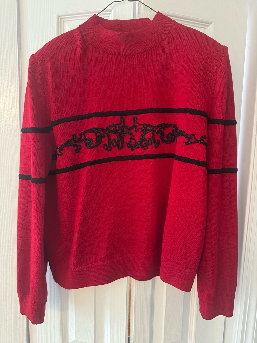 St. John Red Knit Turtleneck Sweater with Black Scroll Motif